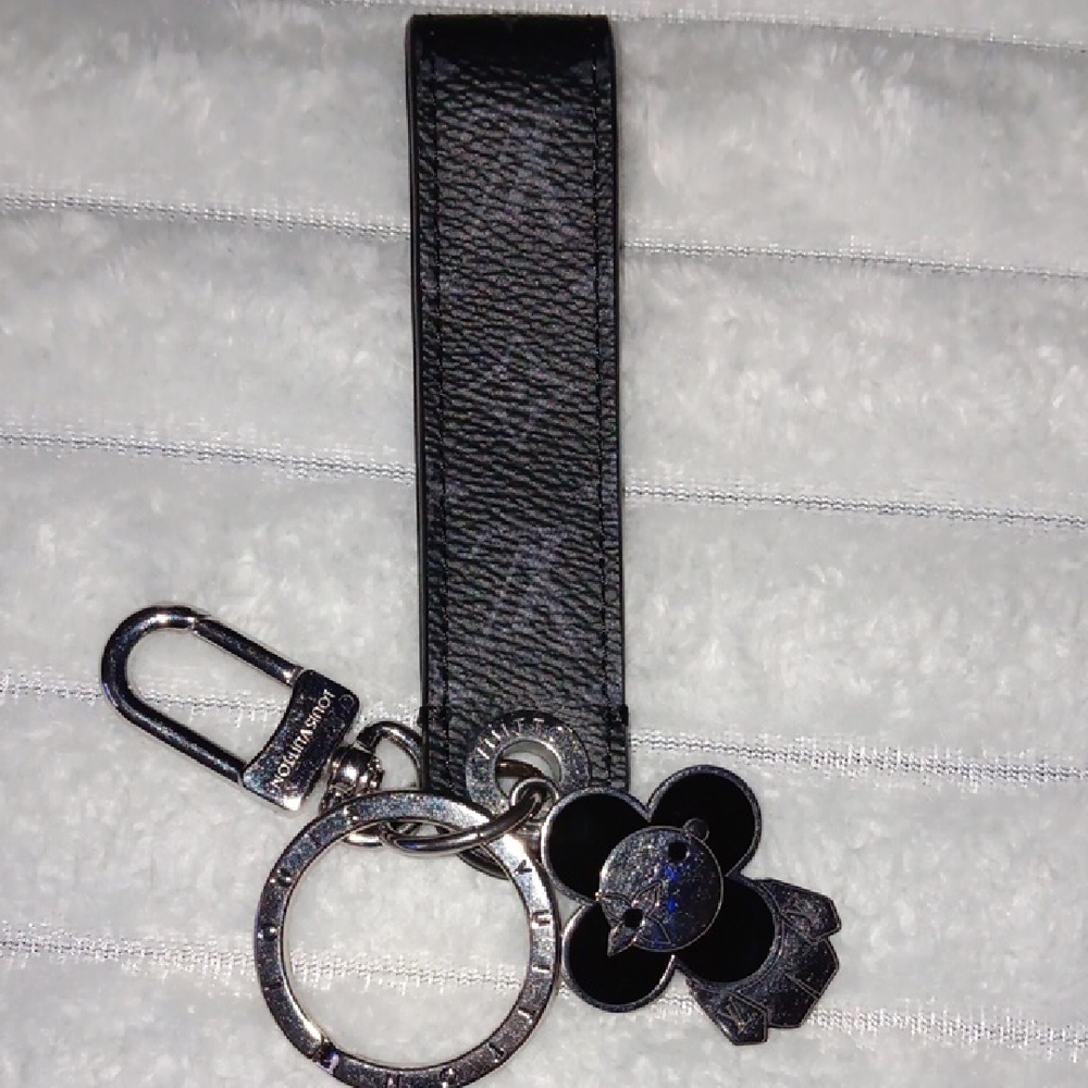 Louis Vuitton Black Leather Keychain with Flower Charm